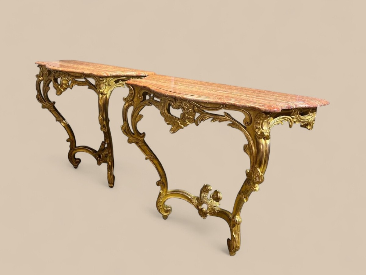 Pair Of Louis XV Style Consoles, Giltwood And Orange Marble Tops, 19th Century-photo-2