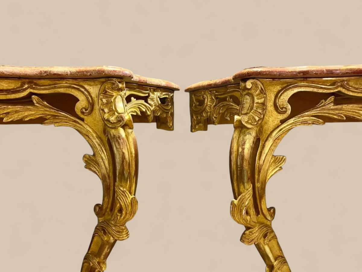 Pair Of Louis XV Style Consoles, Giltwood And Orange Marble Tops, 19th Century-photo-4