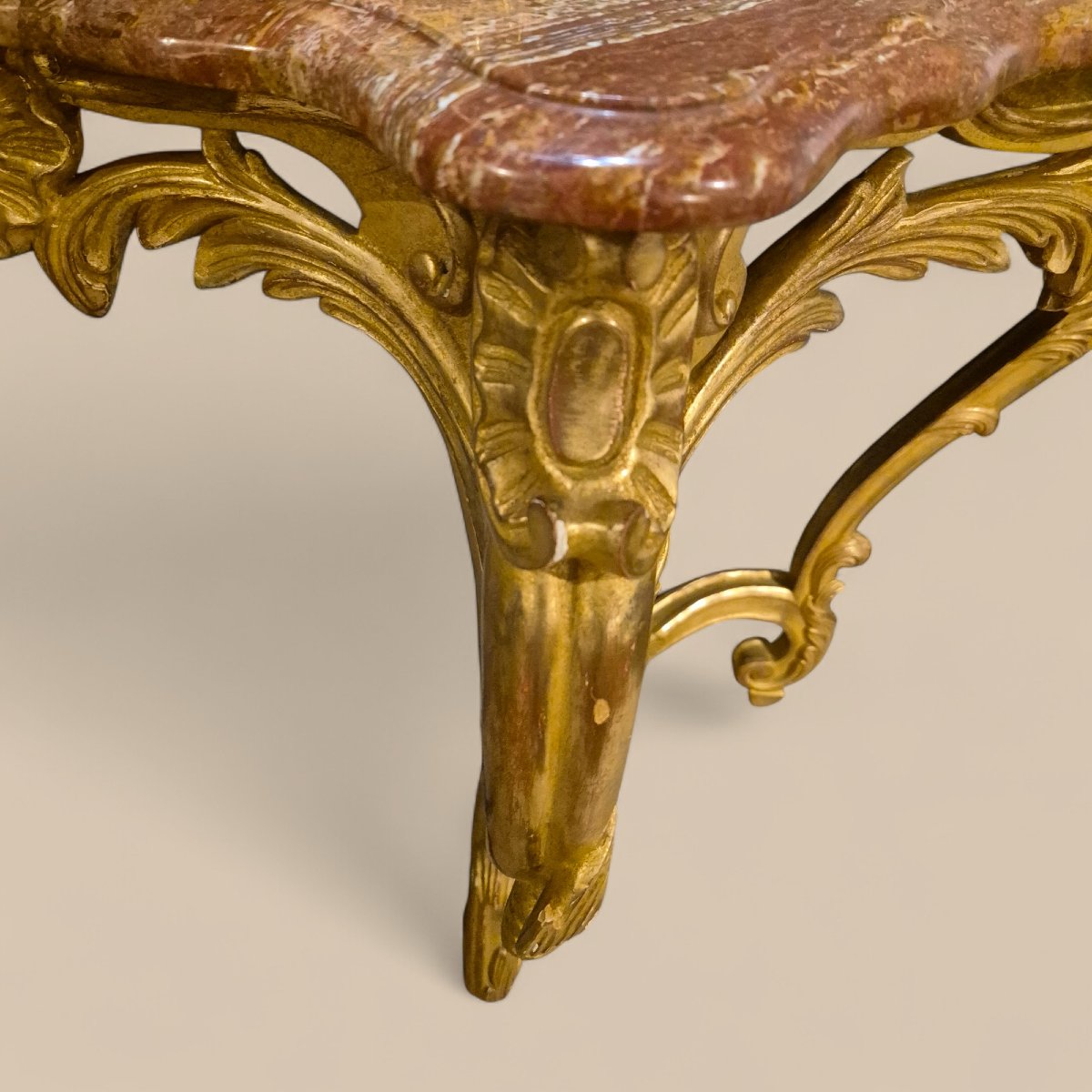 Pair Of Louis XV Style Consoles, Giltwood And Orange Marble Tops, 19th Century-photo-1