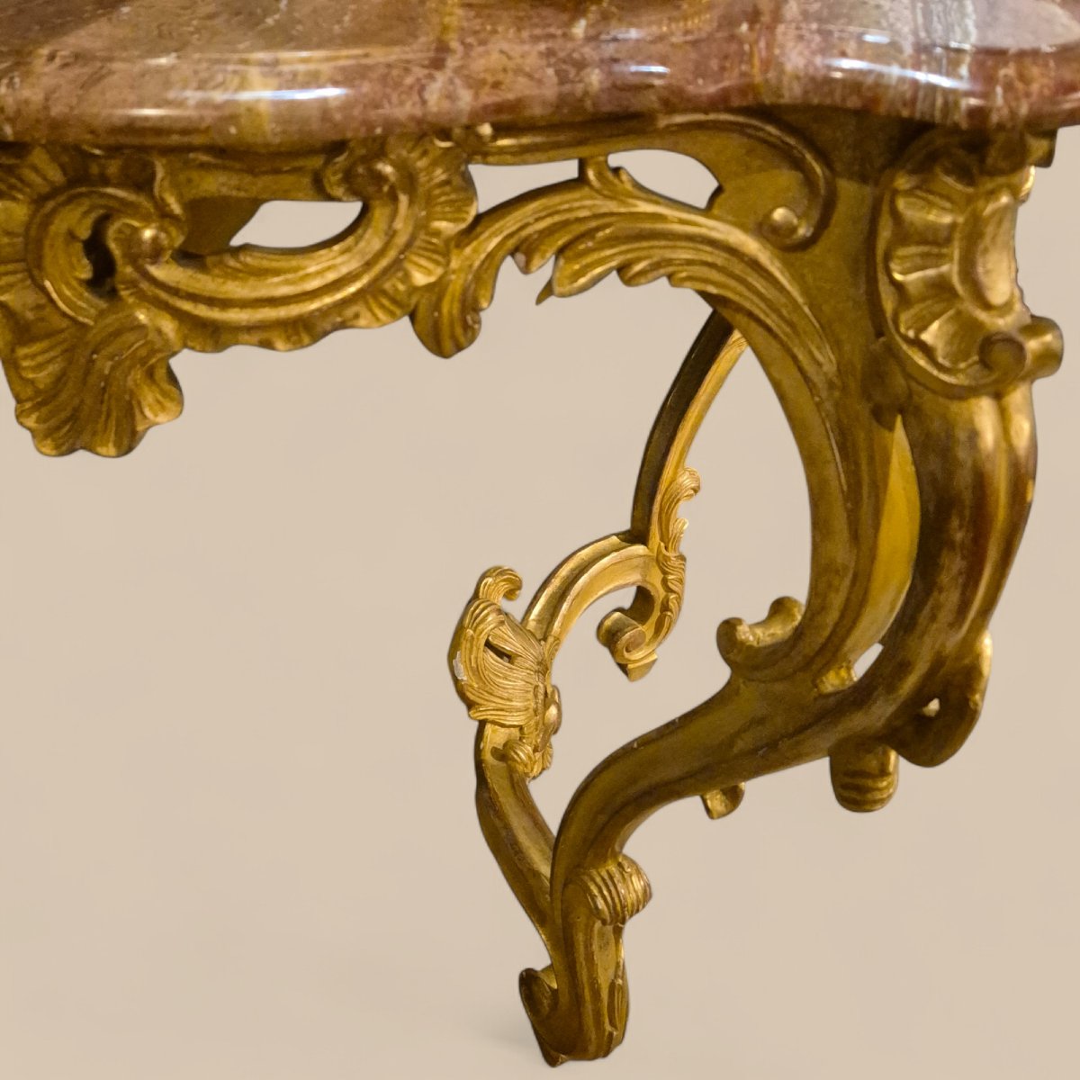Pair Of Louis XV Style Consoles, Giltwood And Orange Marble Tops, 19th Century-photo-2