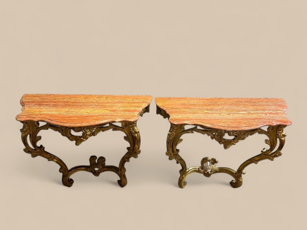 Pair Of Louis XV Style Consoles, Giltwood And Orange Marble Tops, 19th Century-photo-3