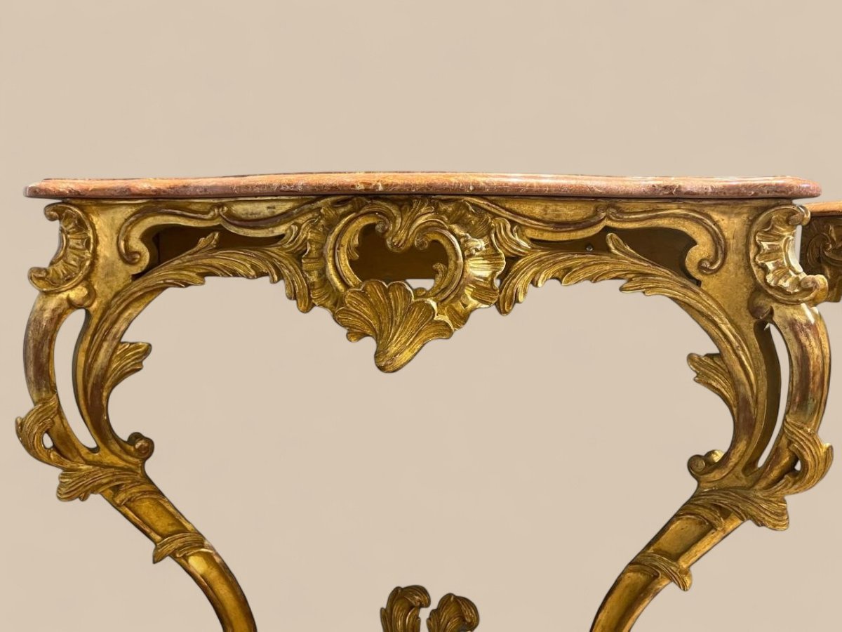 Pair Of Louis XV Style Consoles, Giltwood And Orange Marble Tops, 19th Century-photo-4