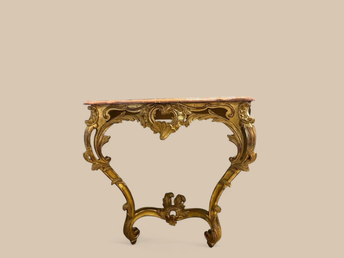 Pair Of Louis XV Style Consoles, Giltwood And Orange Marble Tops, 19th Century-photo-5