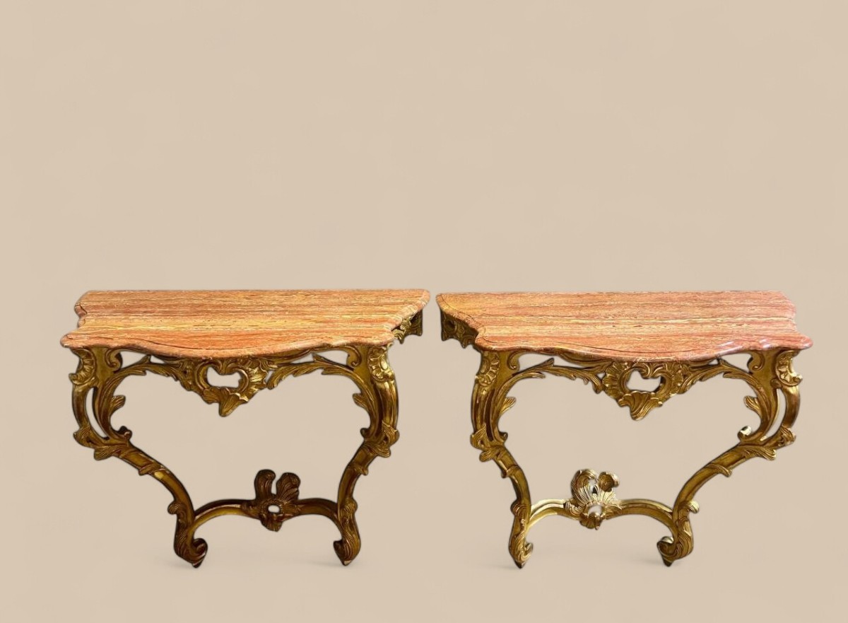 Pair Of Louis XV Style Consoles, Giltwood And Orange Marble Tops, 19th Century