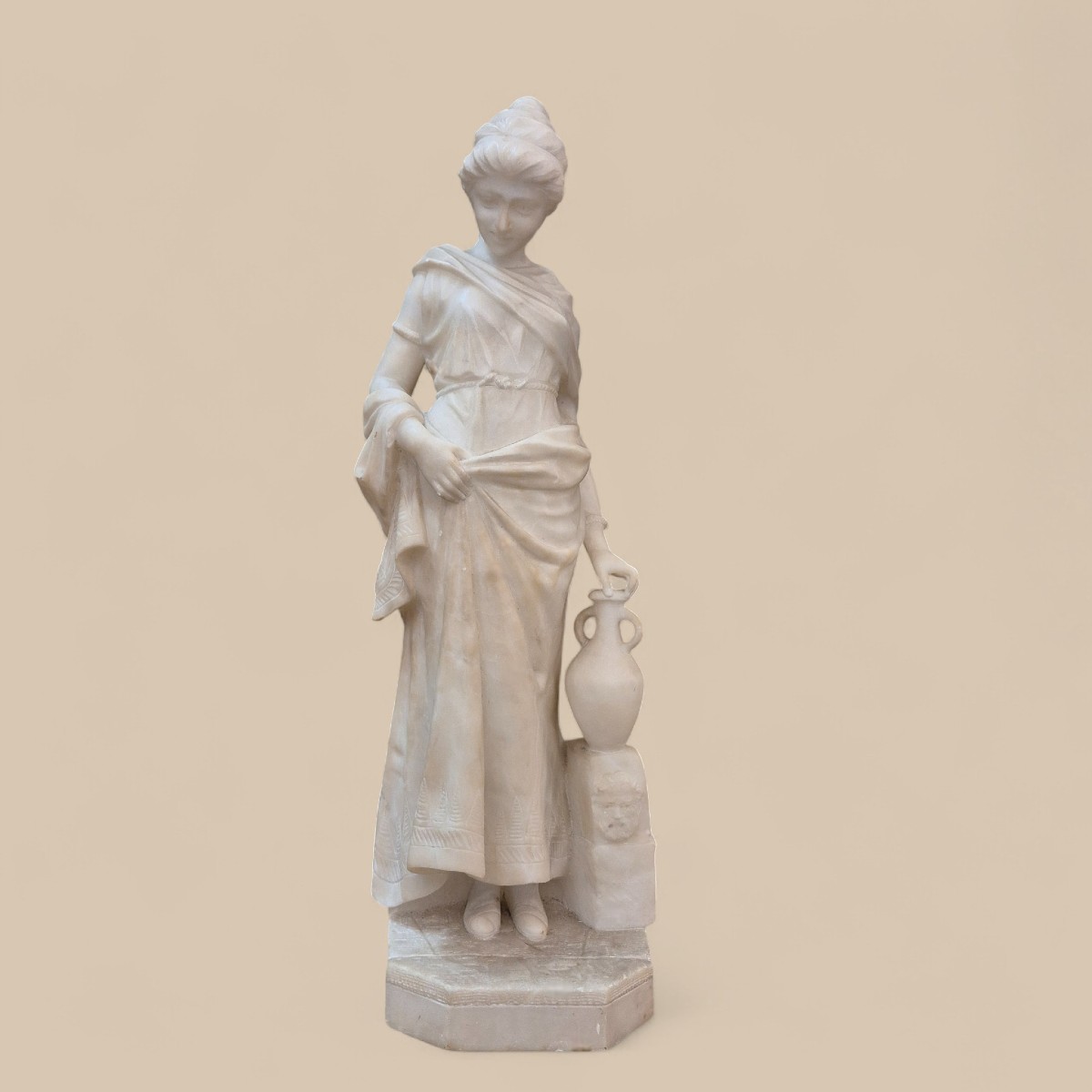 Young Girl At The Fountain, 19th Century White Carrara Marble Sculpture, Italy