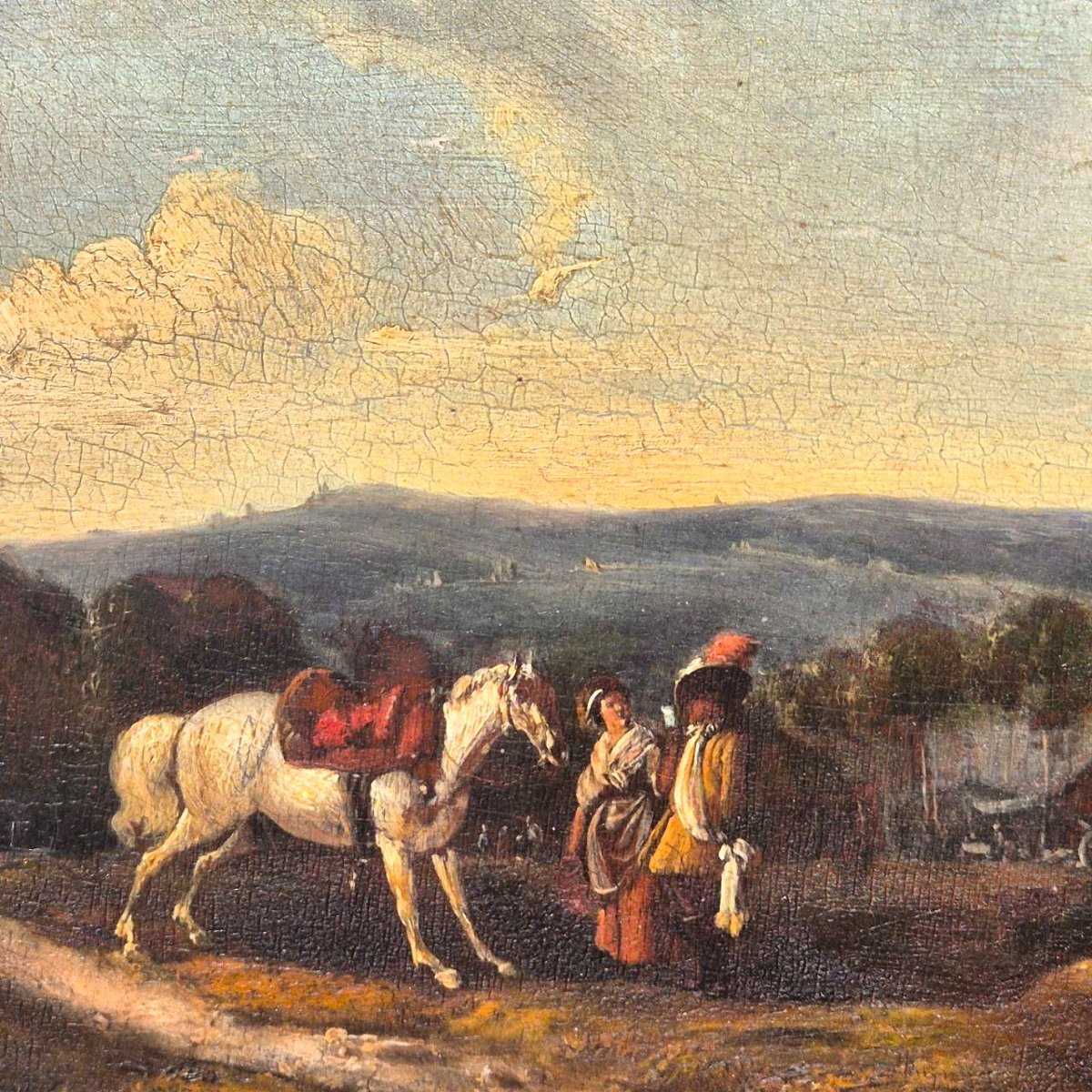 Small Genre Painting – Meeting Of A Noble Couple, 19th Century, Oil On Wood-photo-3