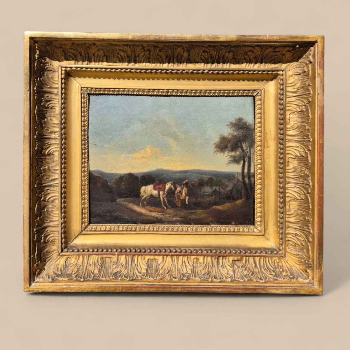 Small Genre Painting – Meeting Of A Noble Couple, 19th Century, Oil On Wood