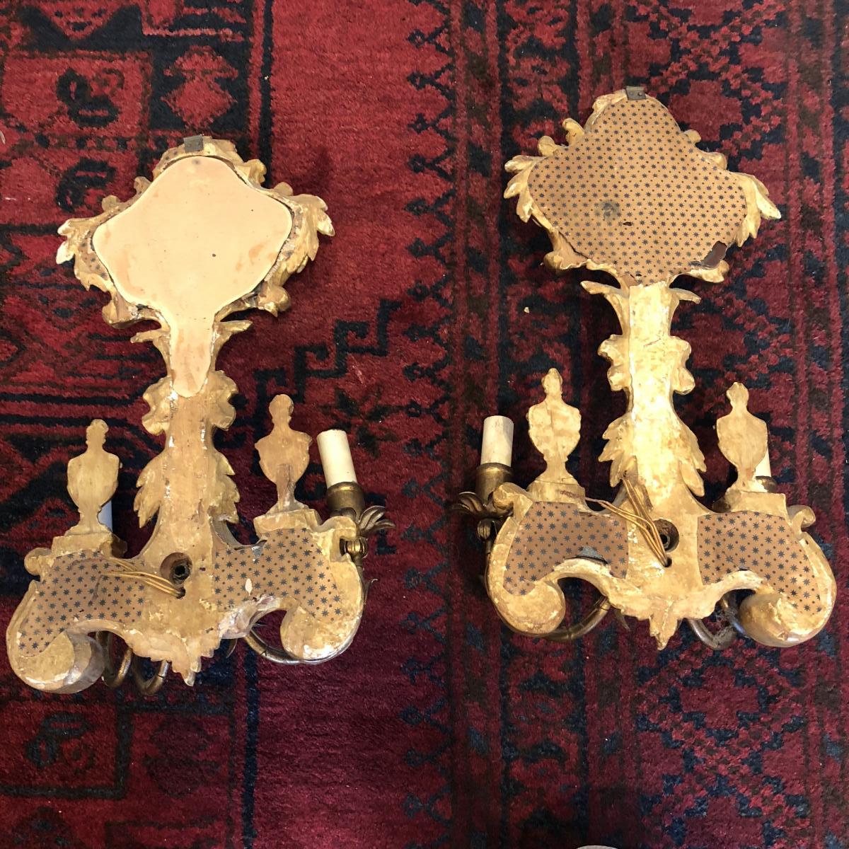 Pair Of Wall Sconces In Golden Glazed Wood Transition Style Late Nineteenth Ieme-photo-3