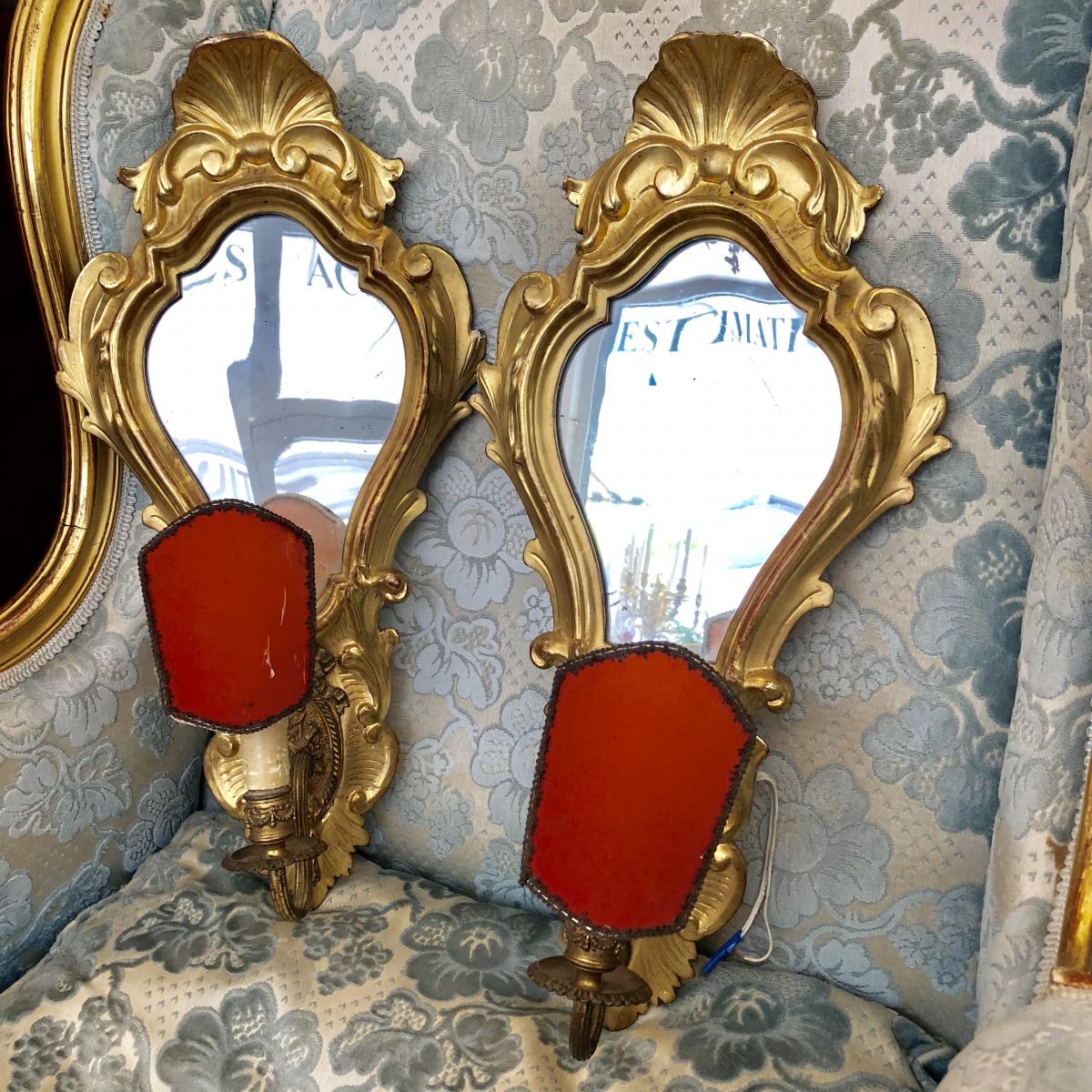 Pair D Wall Gilded Wood Ice Fond Louis XV End XIX Ieme-photo-1