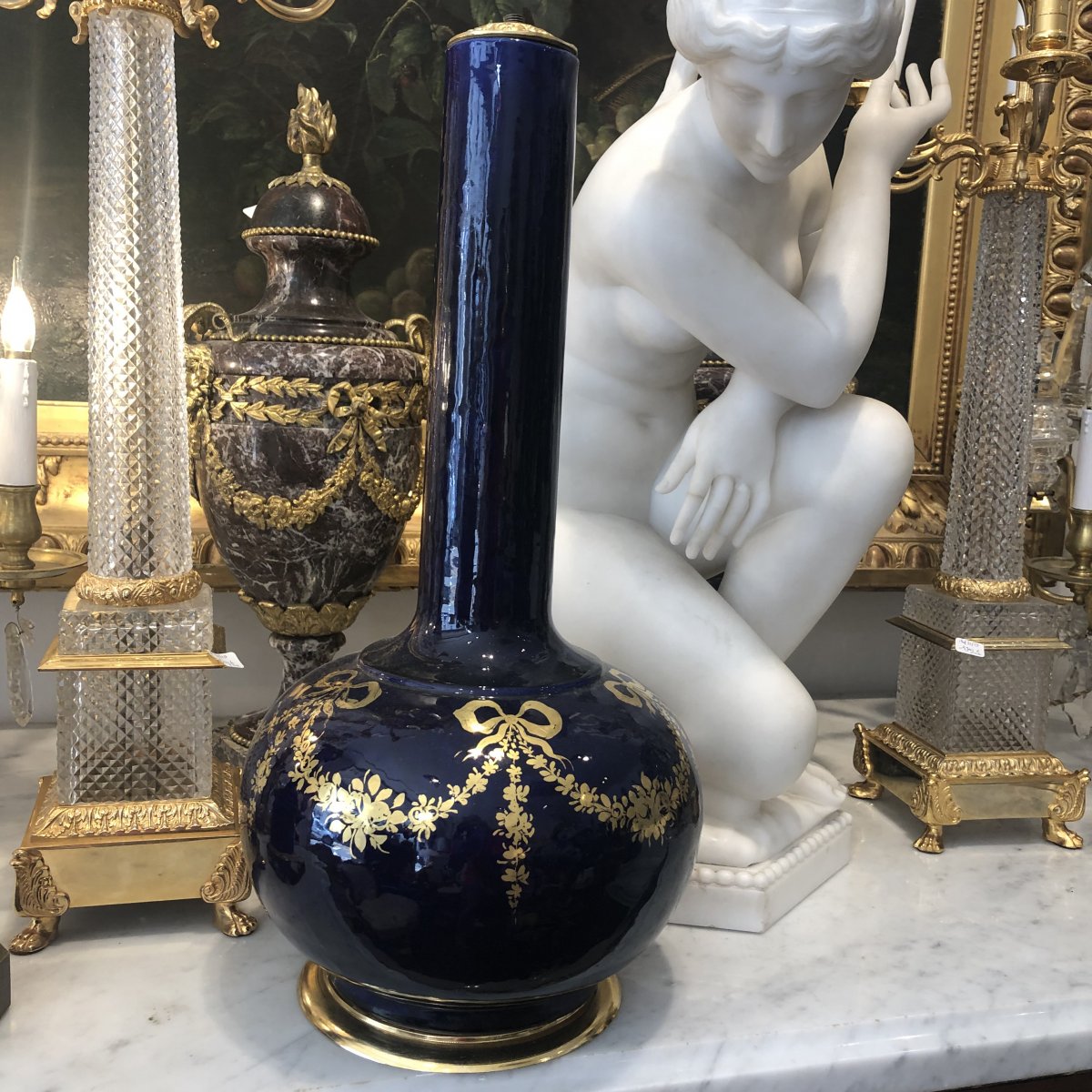 Large Lamp Porcelain Blue Sevres Gilt Bronze Mount And Decor Garlands Debut XX-photo-2
