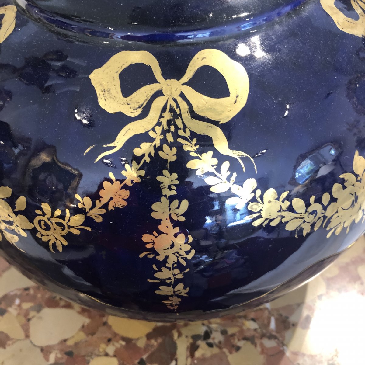 Large Lamp Porcelain Blue Sevres Gilt Bronze Mount And Decor Garlands Debut XX-photo-4