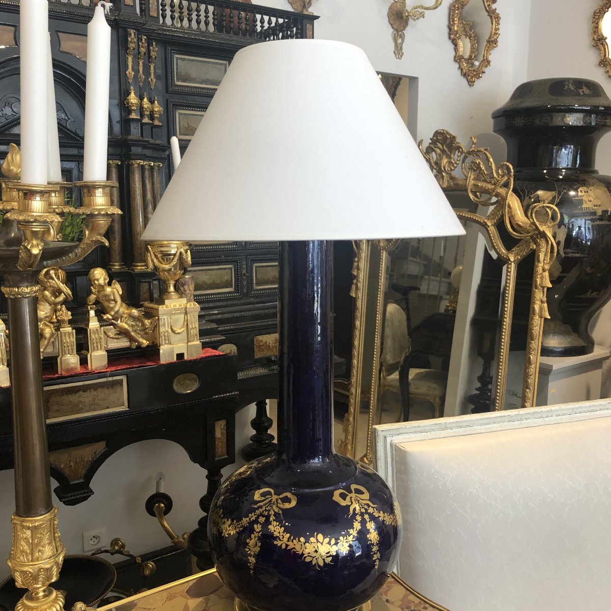 Large Lamp Porcelain Blue Sevres Gilt Bronze Mount And Decor Garlands Debut XX-photo-2