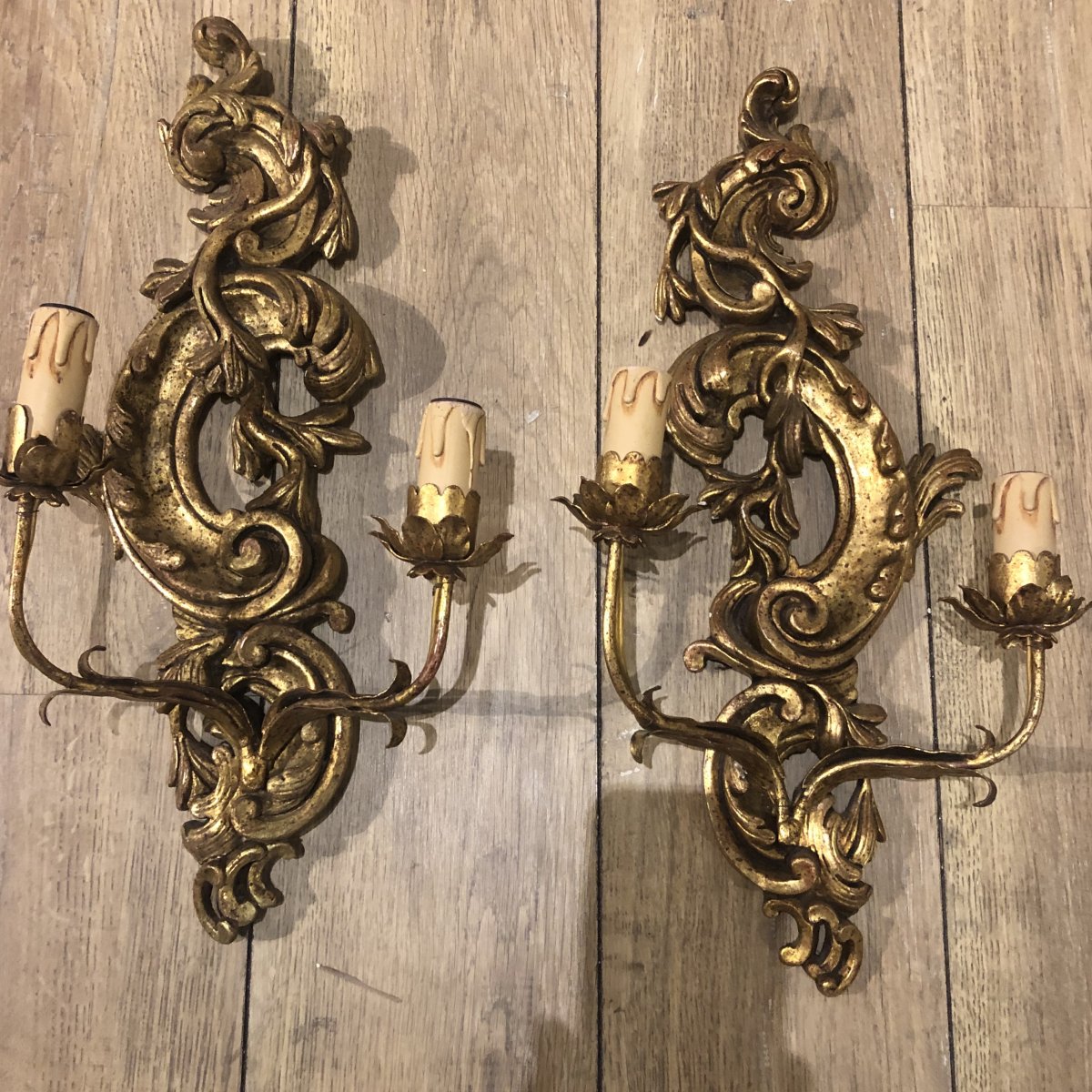 Pair Of Louis XV Style Wall Sconces Gilded Wood 2 Fires Early XX Ieme-photo-2