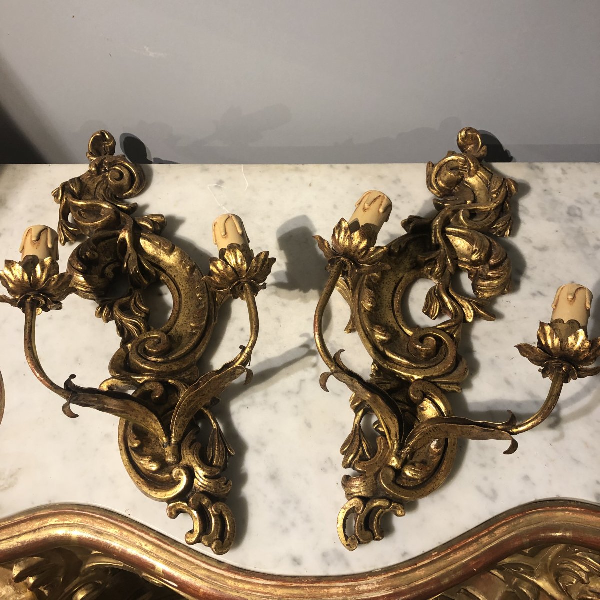 Pair Of Louis XV Style Wall Sconces Gilded Wood 2 Fires Early XX Ieme-photo-3