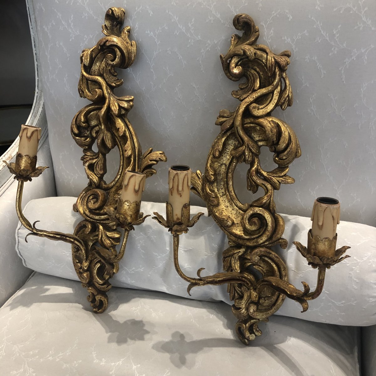 Pair Of Louis XV Style Wall Sconces Gilded Wood 2 Fires Early XX Ieme-photo-3