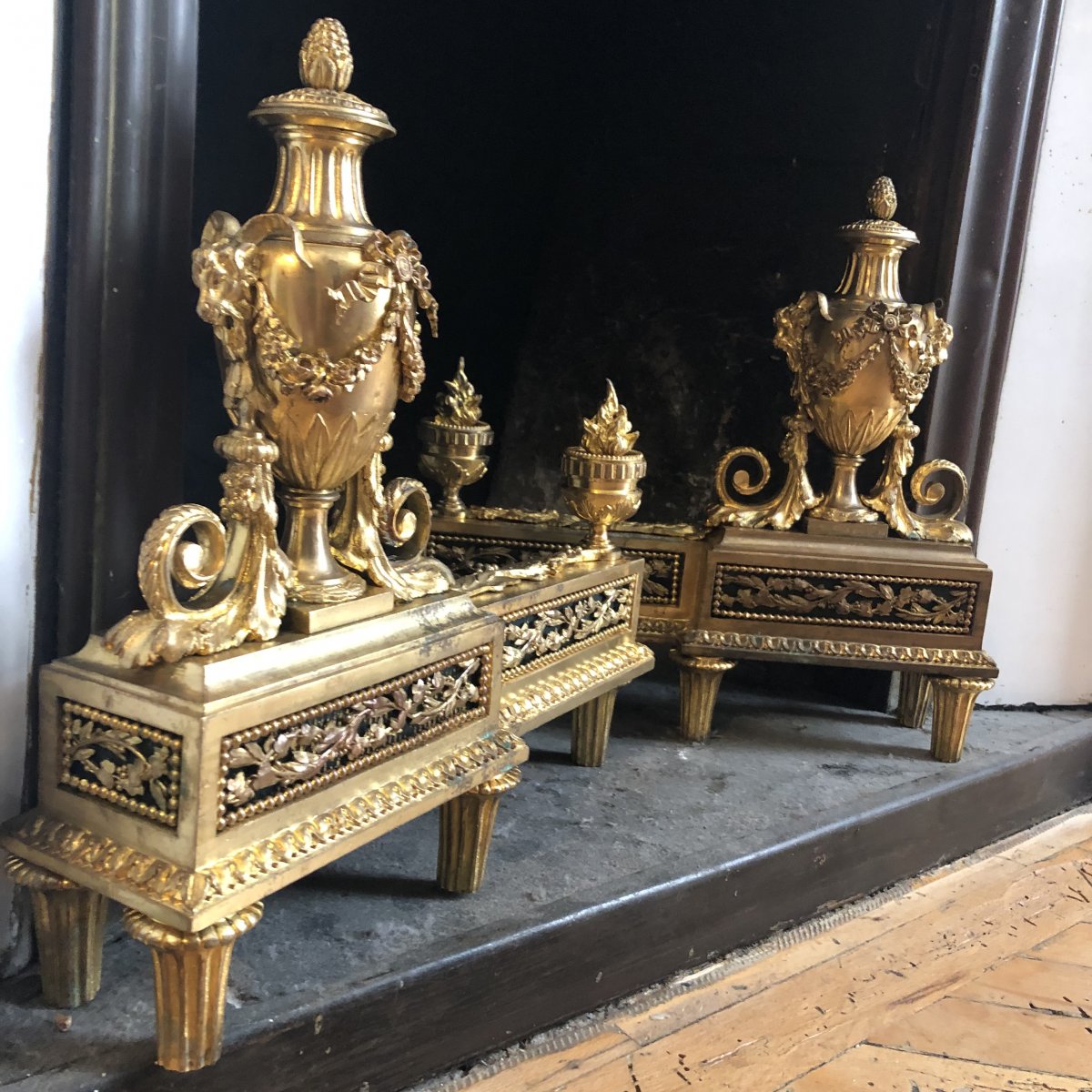 Pair Of Andirons In Gilt Bronze Decors In Pots Cutlery And Heads Of Rams Epoque XIX Ieme-photo-3
