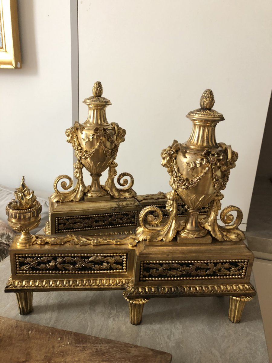 Pair Of Andirons In Gilt Bronze Decors In Pots Cutlery And Heads Of Rams Epoque XIX Ieme-photo-4