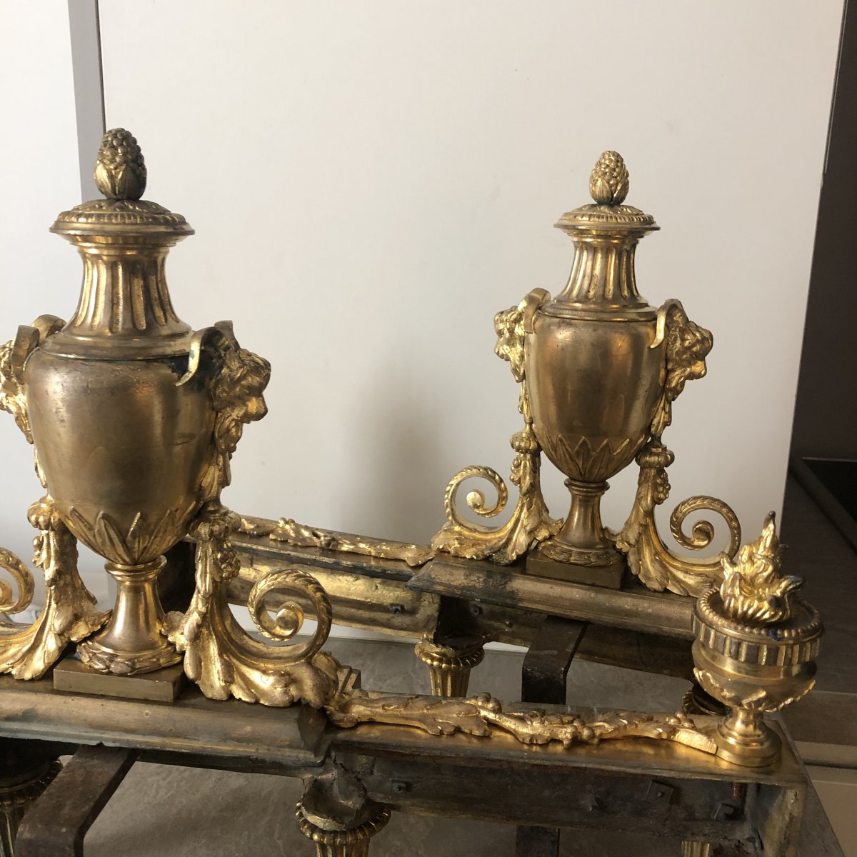 Pair Of Andirons In Gilt Bronze Decors In Pots Cutlery And Heads Of Rams Epoque XIX Ieme-photo-8