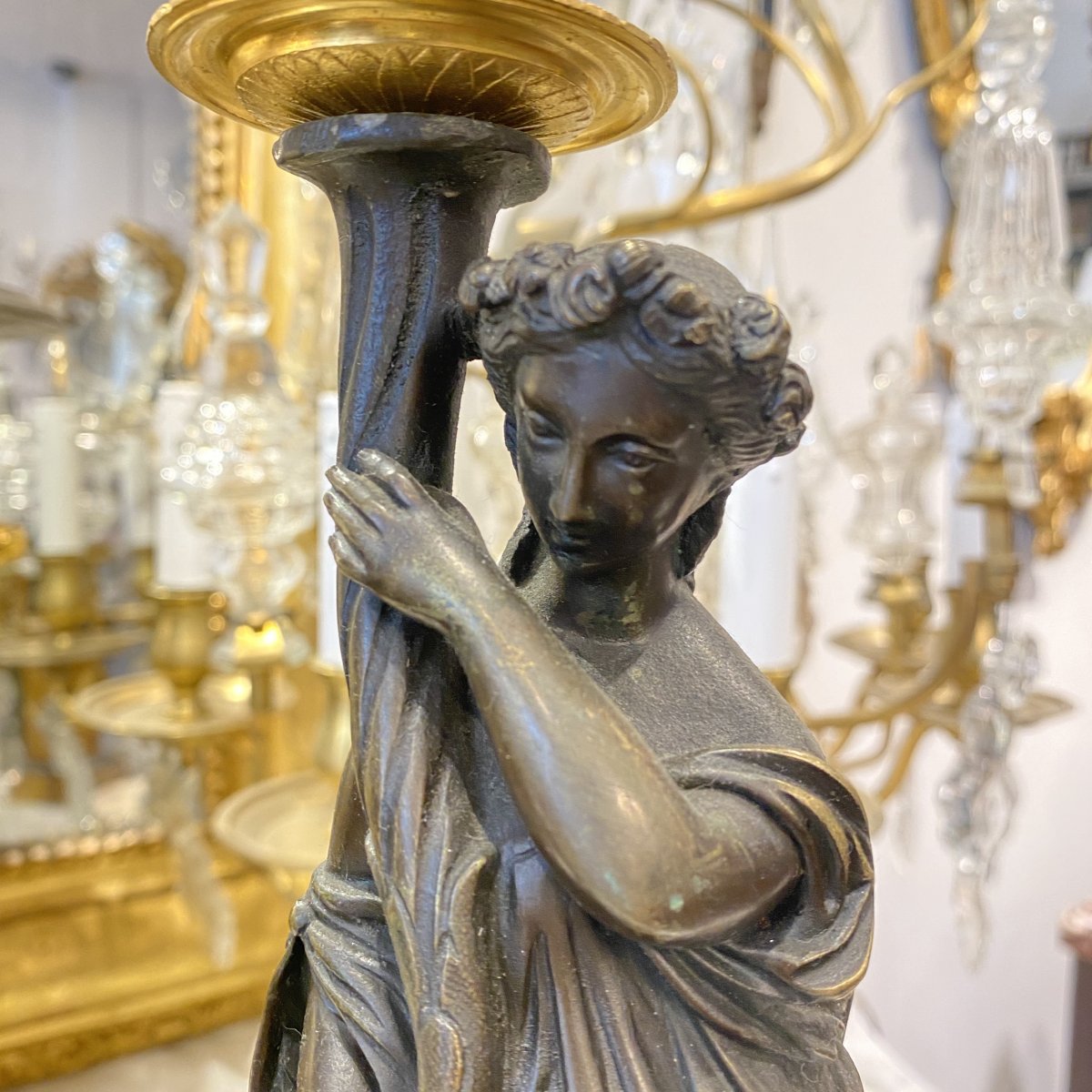 Pair Of Large Candlesticks In Decor Of Woman In Antique Bronze XIX Ieme-photo-3