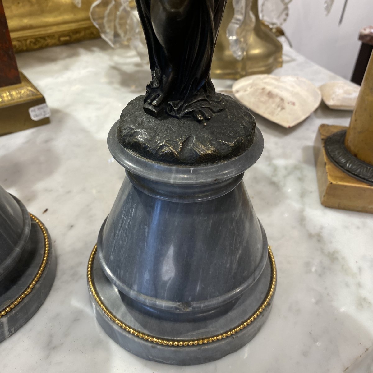 Pair Of Large Candlesticks In Decor Of Woman In Antique Bronze XIX Ieme-photo-1