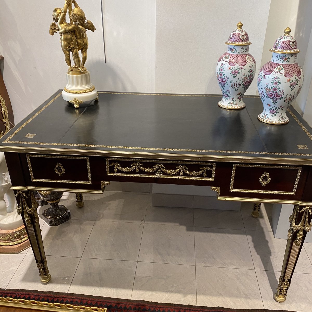 Bureau Louis XVI Style Ceremonial And Napoleon III Period Mahogany And Leather Top-photo-6