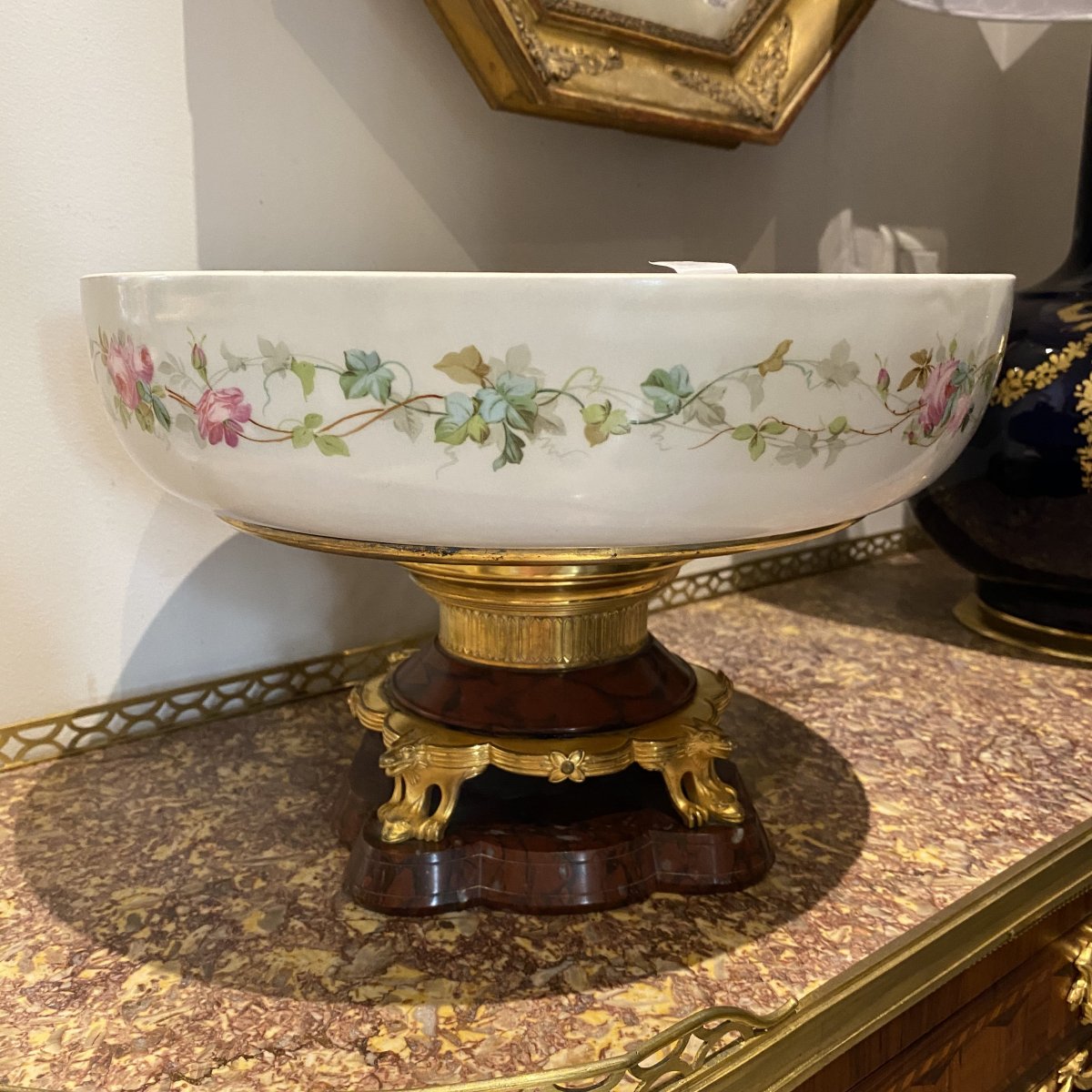 Limoges Porcelain Fruit Bowl On Gilt Bronze And Griotte Marble XIX Ieme-photo-3