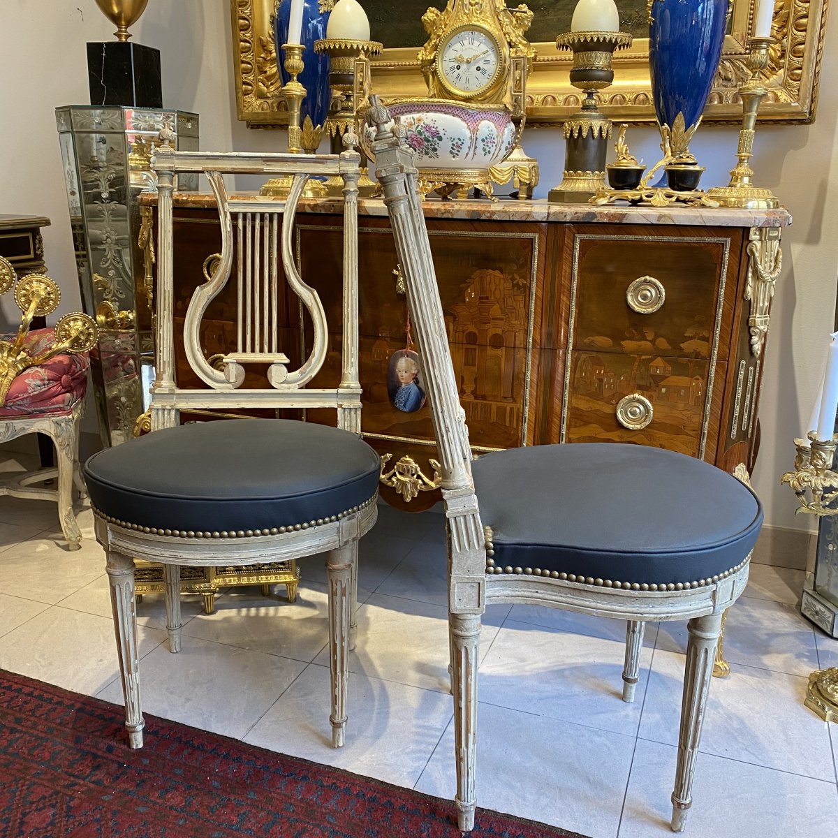 Pair Of Lyre Chairs In Lacquered Wood Sitting Racket Covered In Gray Leather XIX Ieme-photo-4