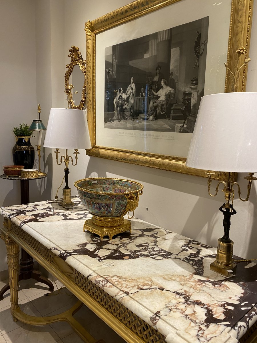 Grande Table Console De Style Louis XVI En Bois Doré Décors Aux Carquois Dessus Marbre Brèche -photo-3