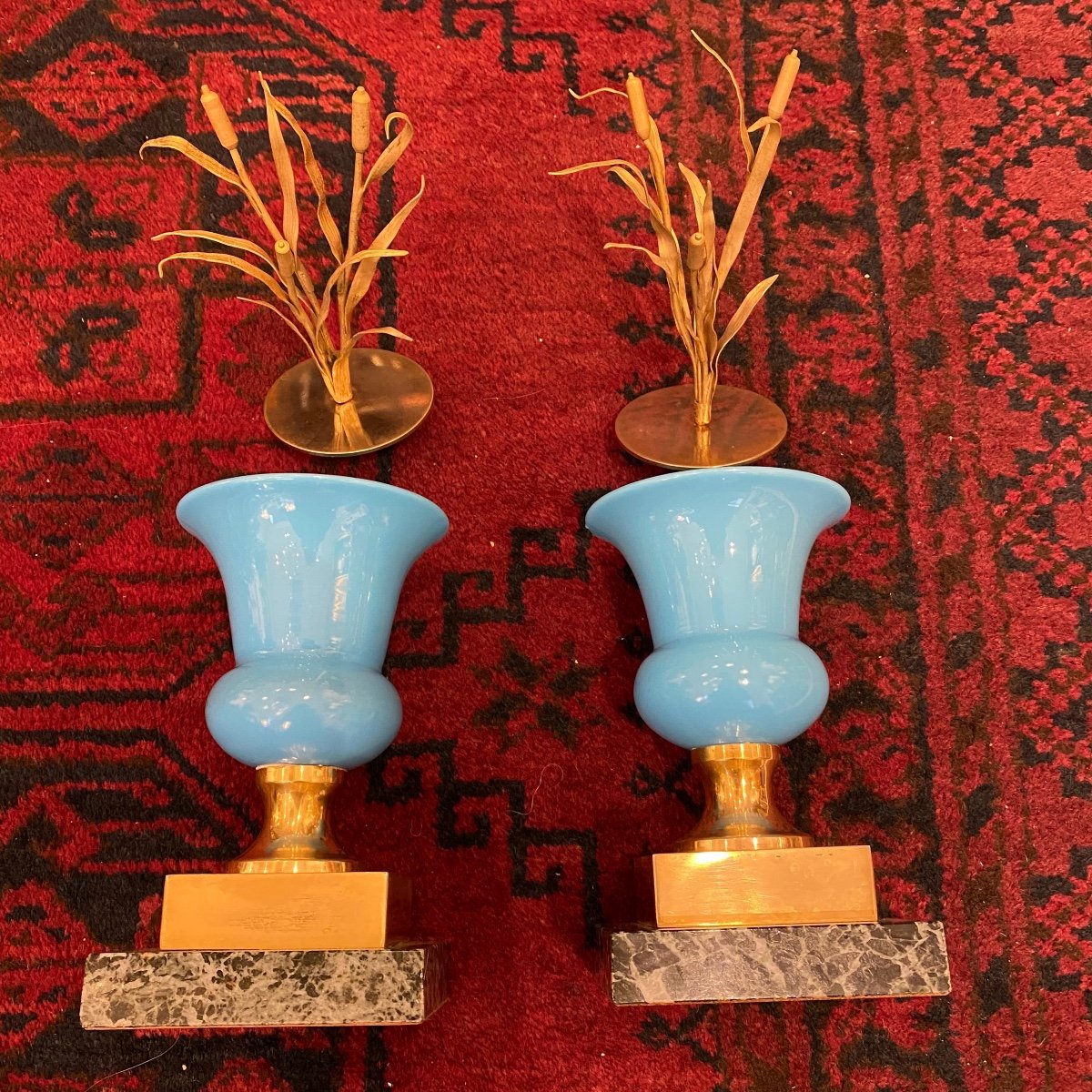 Pair Of Vase Covered In Blue Opaline Mounted With A Lid Decorated With Reeds And Socles-photo-6