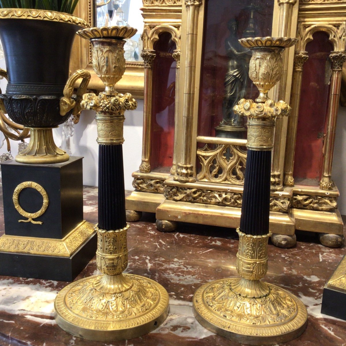 Large Pair Of Candlesticks 1 Empire In Bronze With Double Patinas XIX I-photo-2