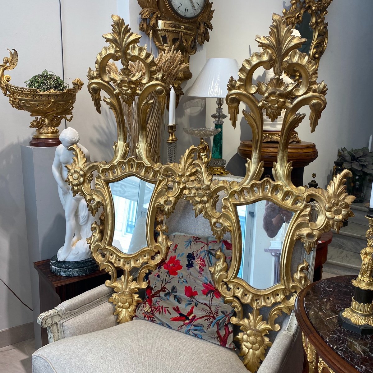 Pair Of Large Italian Mirrors In Golden Wood End XIX I-photo-3