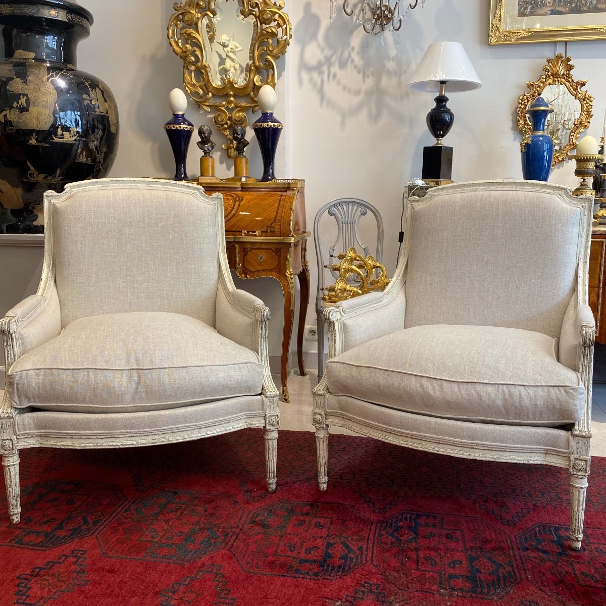 Paire De Bergeres En Bois Laqué De Style Louis XVI Et D’époque Napoléon III -photo-6