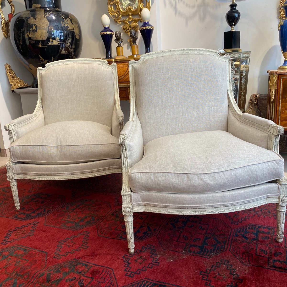 Paire De Bergeres En Bois Laqué De Style Louis XVI Et D’époque Napoléon III -photo-7
