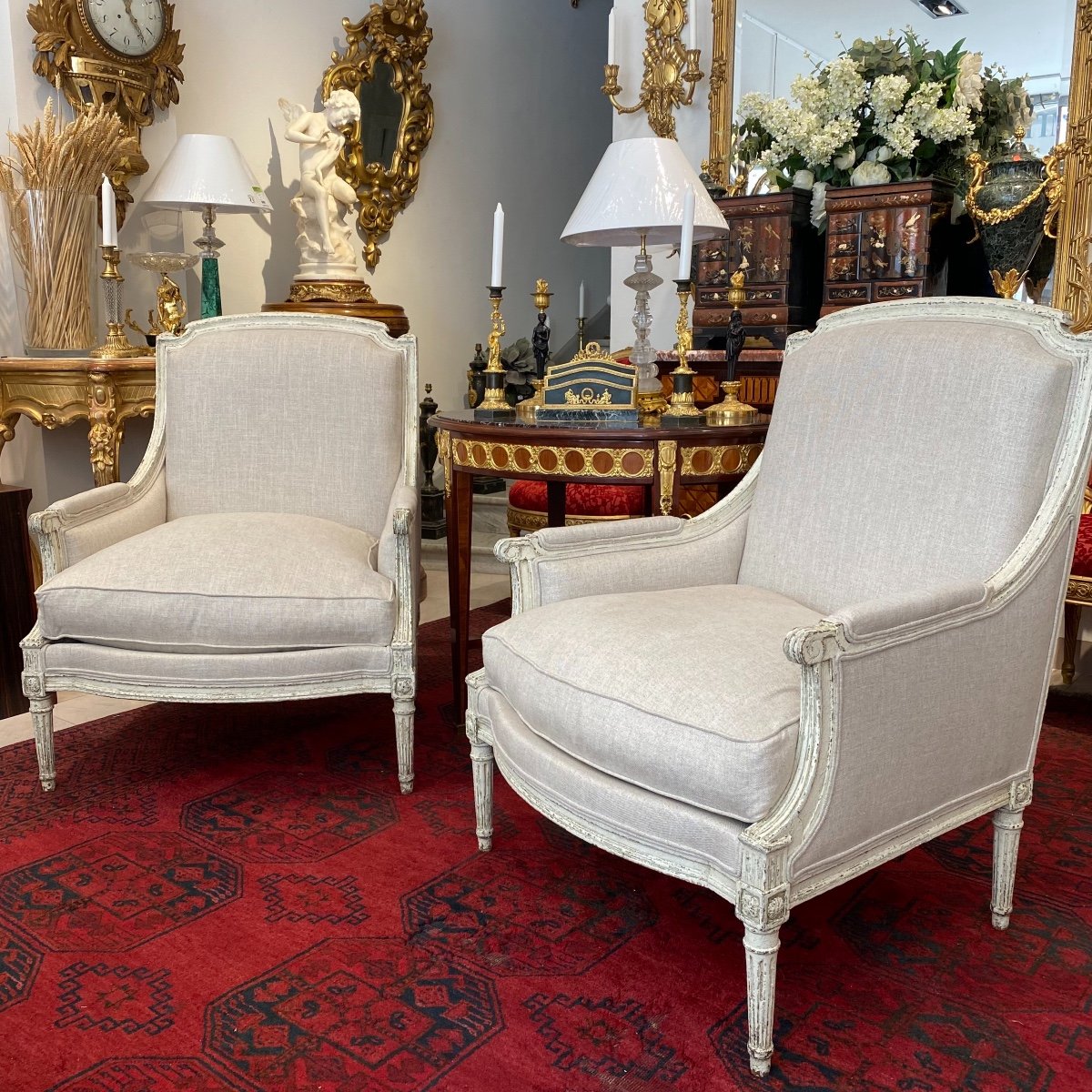 Paire De Bergeres En Bois Laqué De Style Louis XVI Et D’époque Napoléon III 