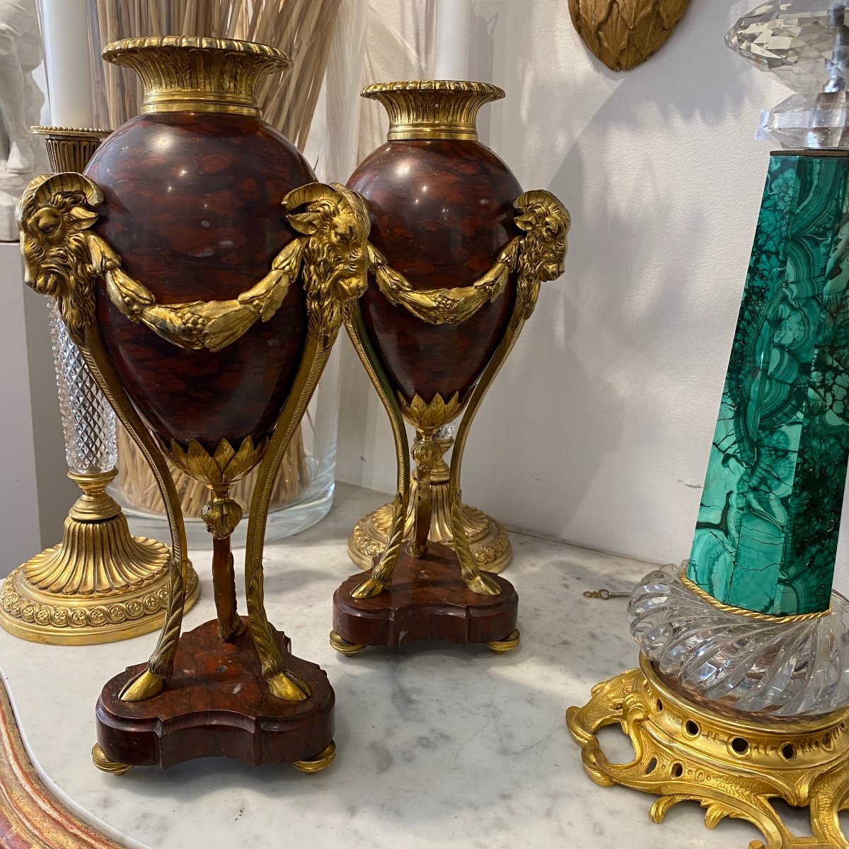 Pair Of Napoleon III Cassolettes In Red Marble And Gilt Bronze XIX I-photo-4