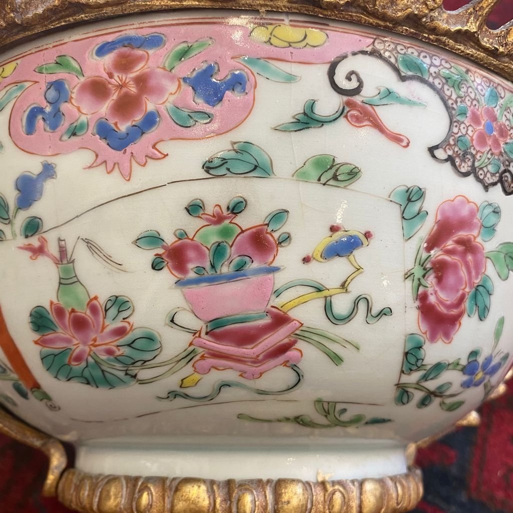 Coupe En Porcelaine De Chine Famille Rose En Porcelaine De Chine Montée Bronze Doré XIX Ieme -photo-8