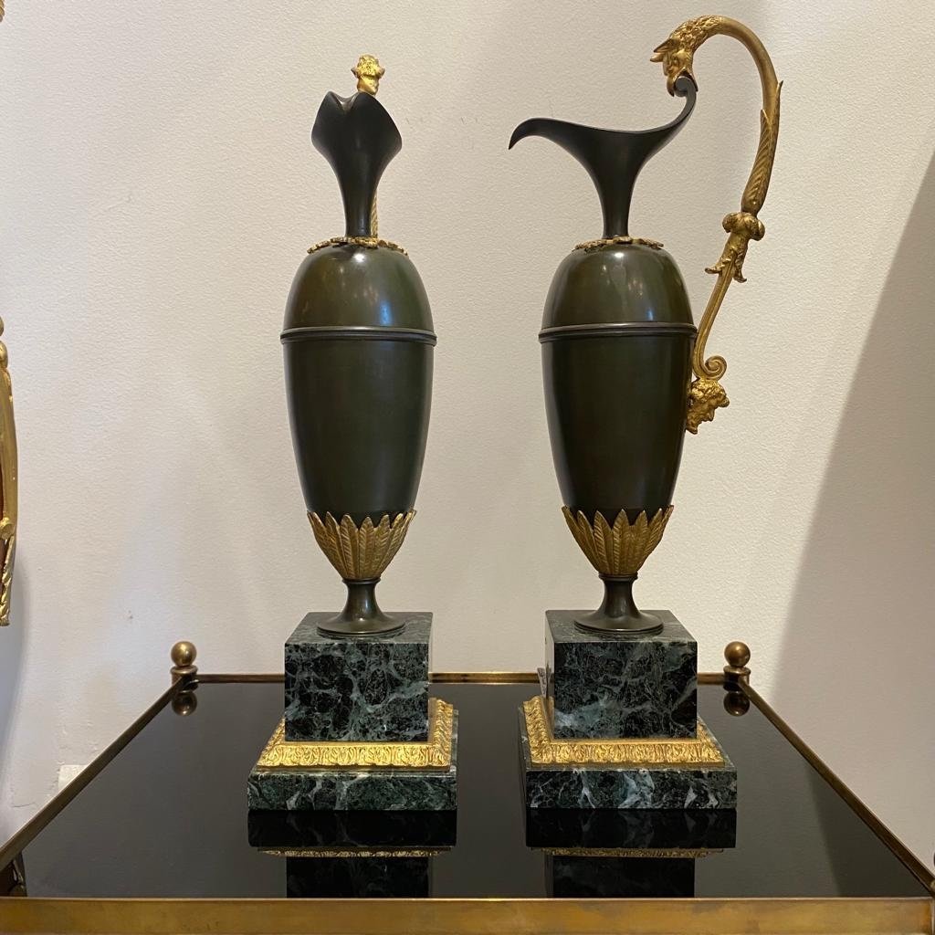 Pair Of Ewers In Bronze Patina And Gilt Bronze From The 1st Empire Of Ravrio-photo-3