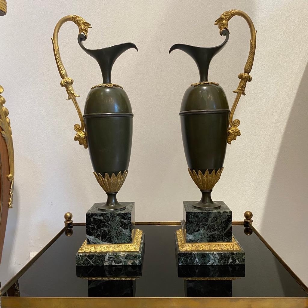 Pair Of Ewers In Bronze Patina And Gilt Bronze From The 1st Empire Of Ravrio