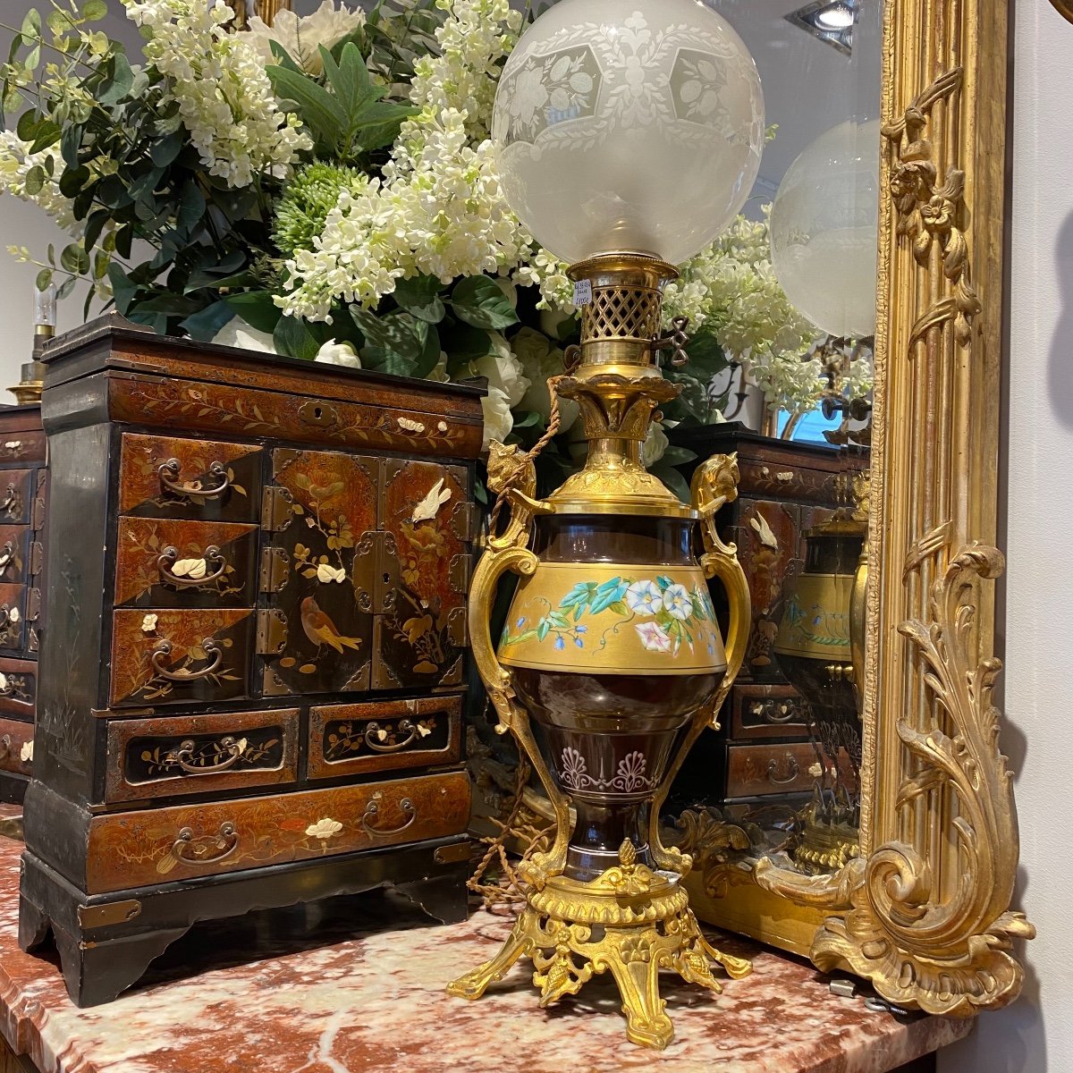 Pair Of Napoleon III Porcelain Lamps And Gilt Bronze Frame With Lion Head Decorations-photo-2