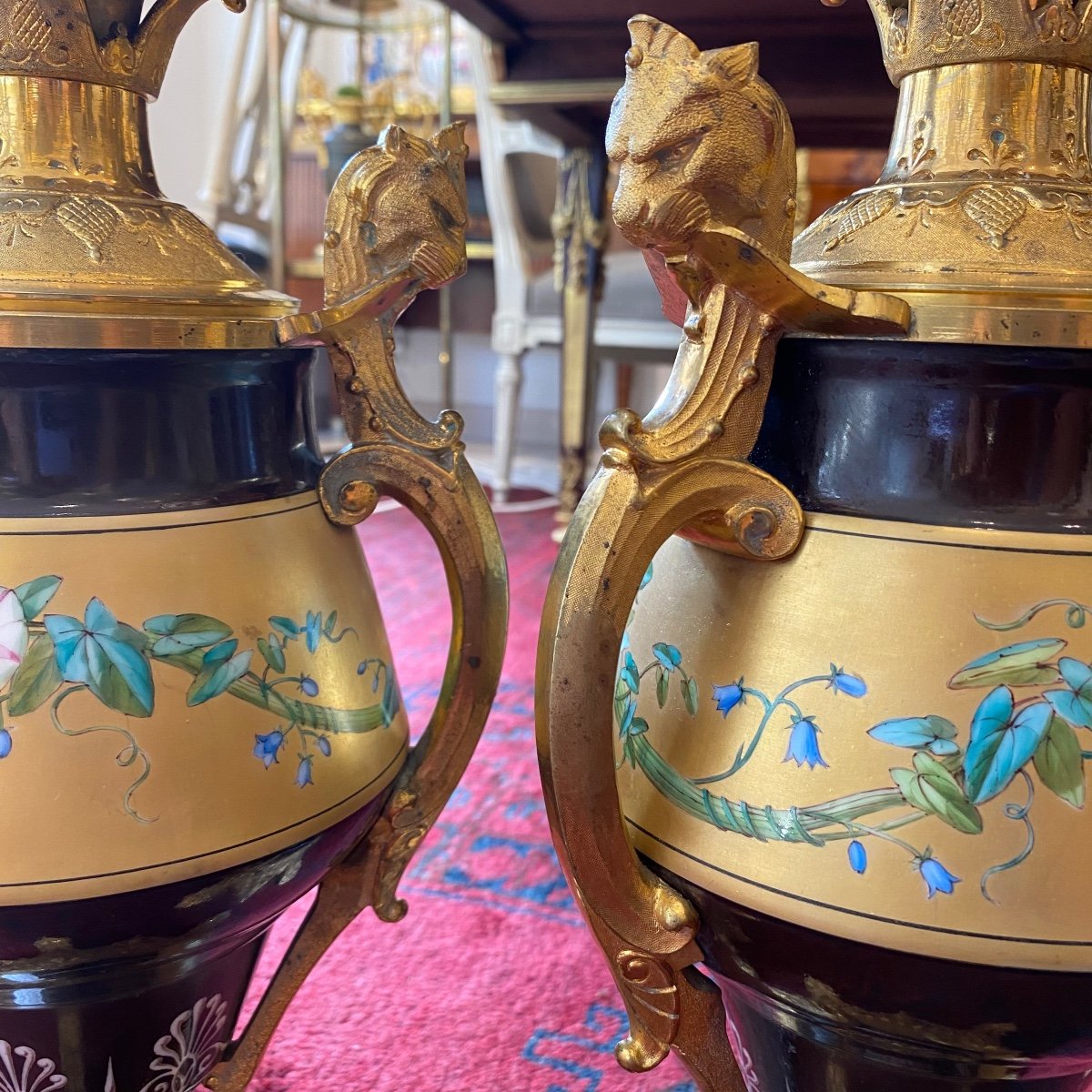 Pair Of Napoleon III Porcelain Lamps And Gilt Bronze Frame With Lion Head Decorations-photo-4