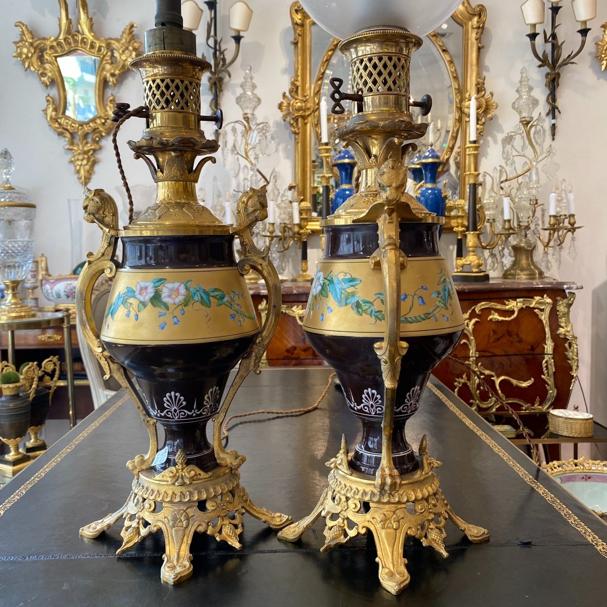 Pair Of Napoleon III Porcelain Lamps And Gilt Bronze Frame With Lion Head Decorations-photo-8