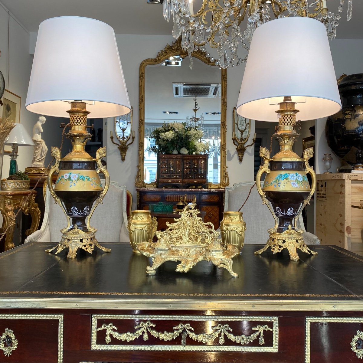Pair Of Napoleon III Porcelain Lamps And Gilt Bronze Frame With Lion Head Decorations
