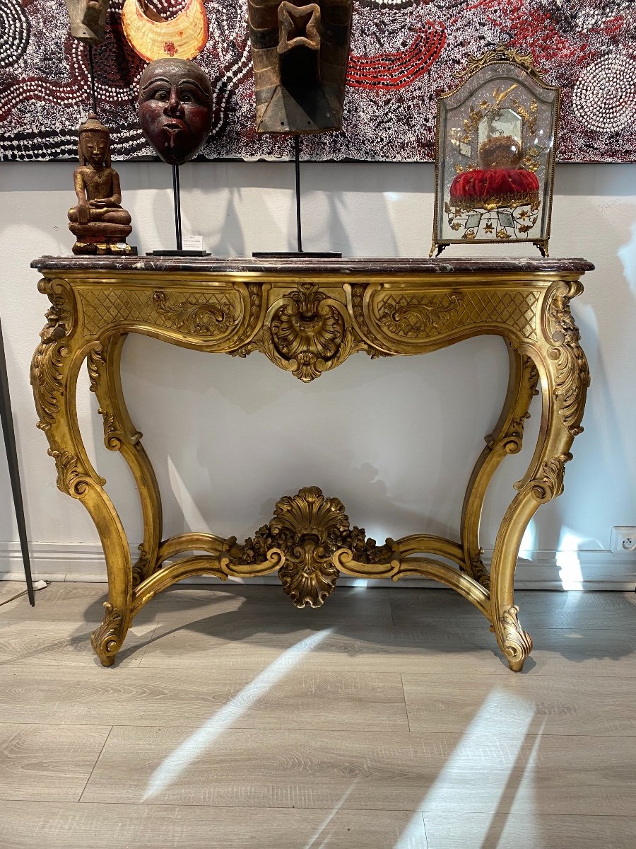 Console In Golden Wood With 4 Legs In Louis XV Style And Napoleon III Period-photo-6