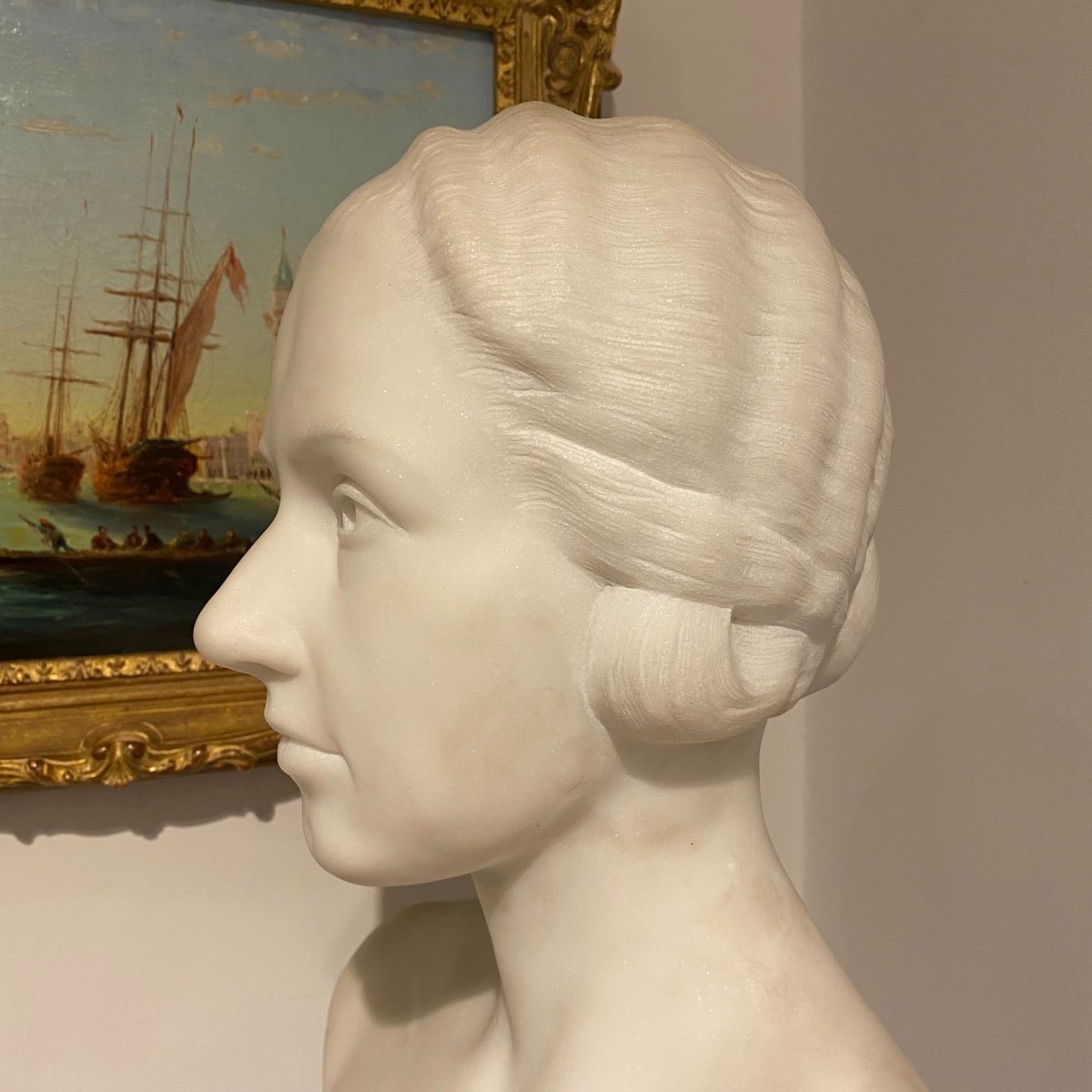 Bust Of Young Woman In Carrara Marble Early XX XX Ieme-photo-2
