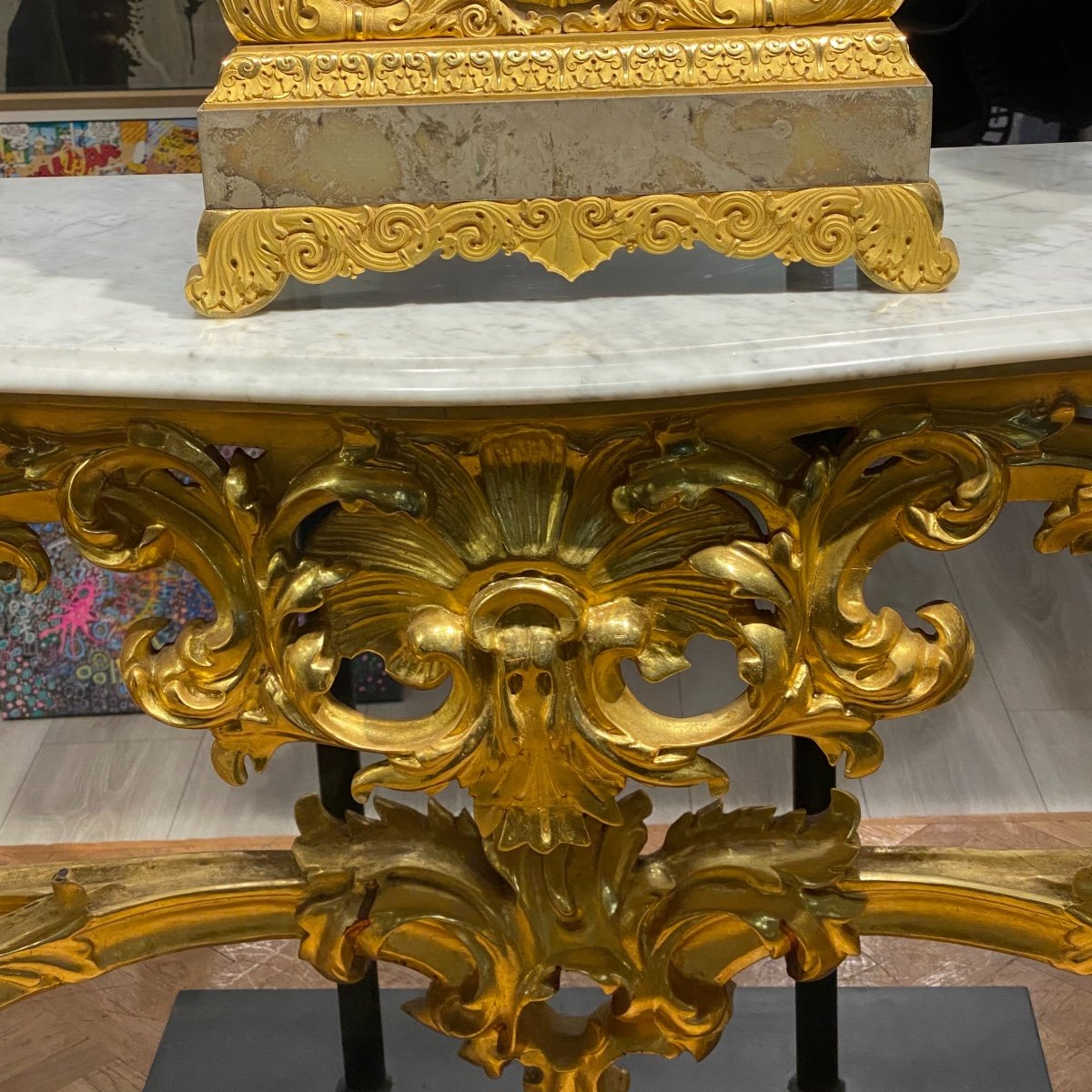 Grande Console à 4 pieds De Style Louis XV En Bois Doré Début XX Ieme -photo-3