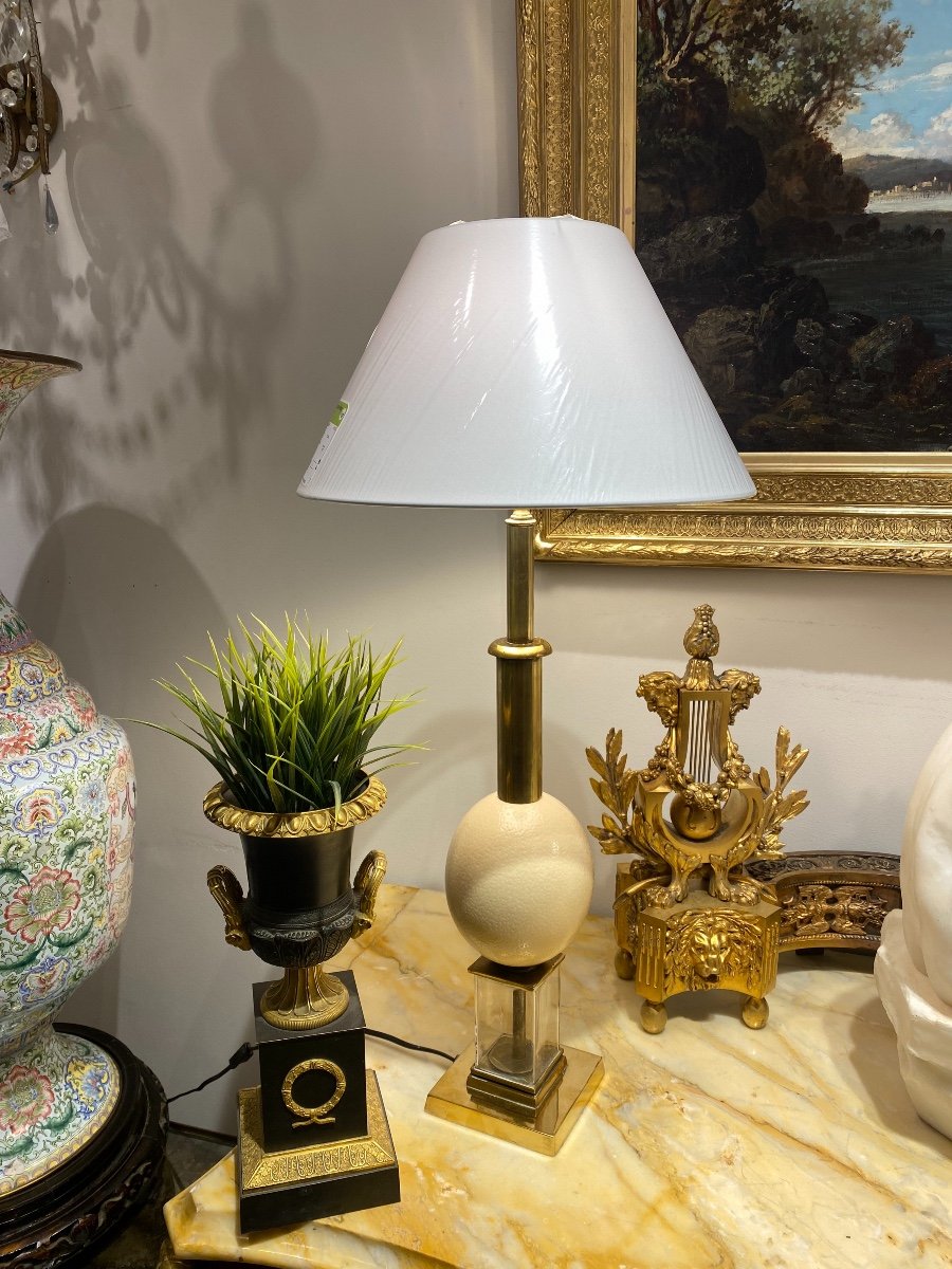 Pair Of Large Brass And Crystal Ostrich Egg Lamps From The 70s-photo-2