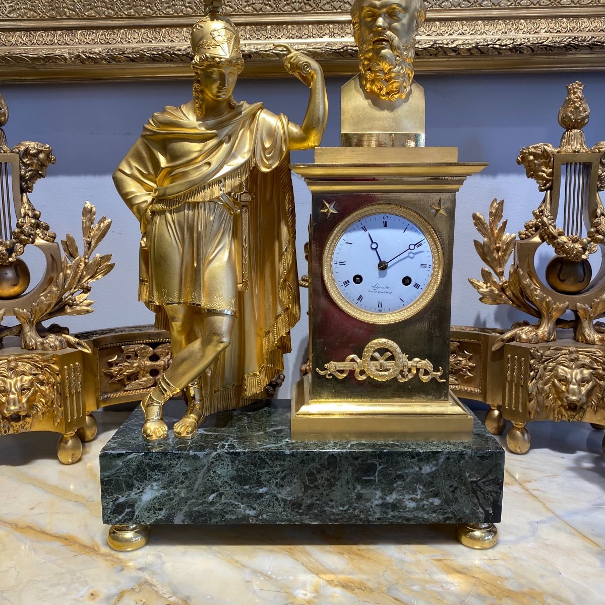 Pendule 1 Et Empire « Alcibiade Et Socrate «  En  Bronze Doré Et Marbre  Vert De Legendre-photo-7