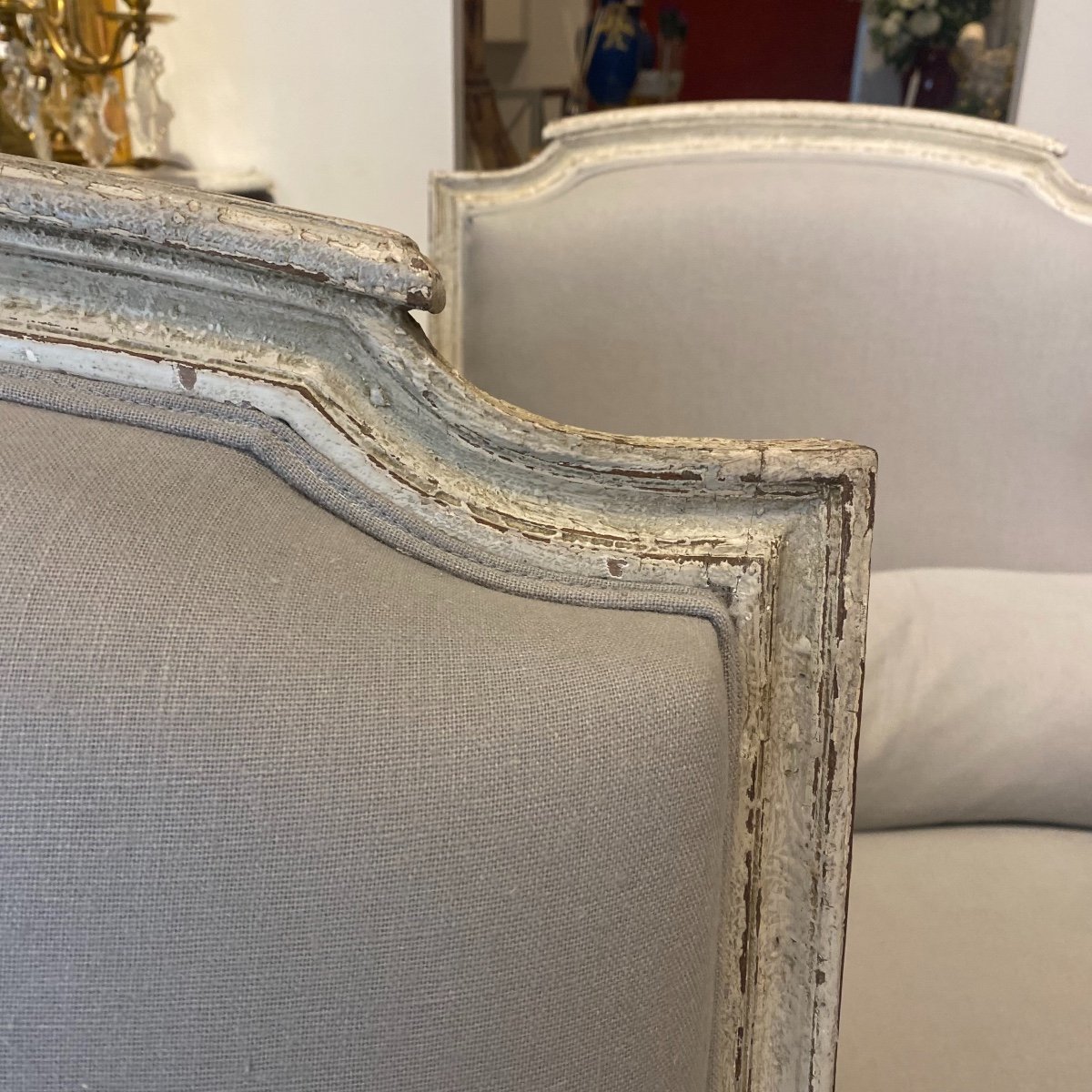 Paire De Bergeres Louis XVI En Bois Laqué Retapissées De Lin. époque Fin XIX Ieme -photo-4