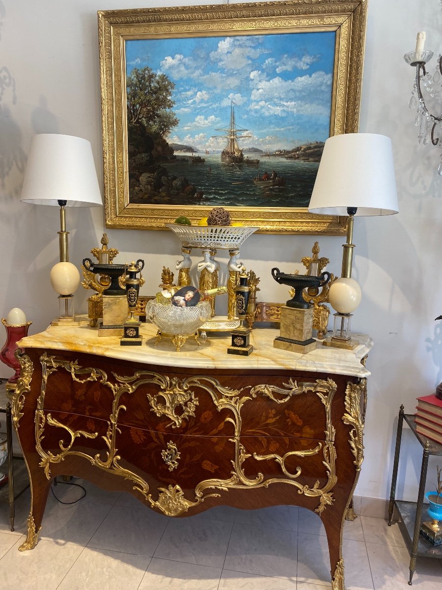 Louis XV Style Dresser In Flower Marquetry, Beautiful Golden Bronze Trim-photo-7