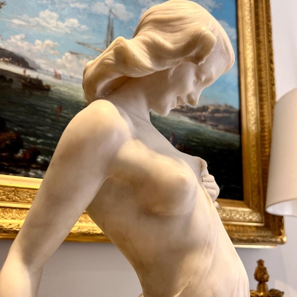 Sculpture En Marbre De Carrare D’une Jeune Femme à La Sortie  Du Bain D’époque Fin XIX Ieme -photo-5